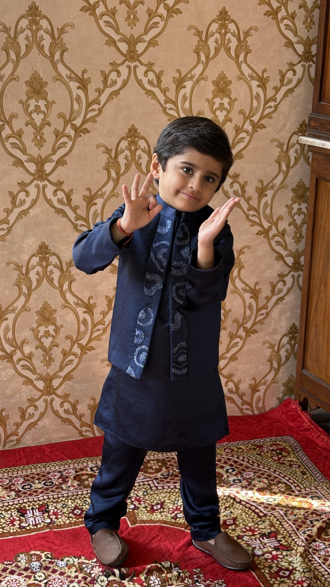 FunnyBones Atrang Amoort Koti Kurta Pajama Set – navy koti kurta pajama set with white embroidered panels, view 5