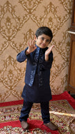 FunnyBones Atrang Amoort Koti Kurta Pajama Set – navy koti kurta pajama set with white embroidered panels, view 5