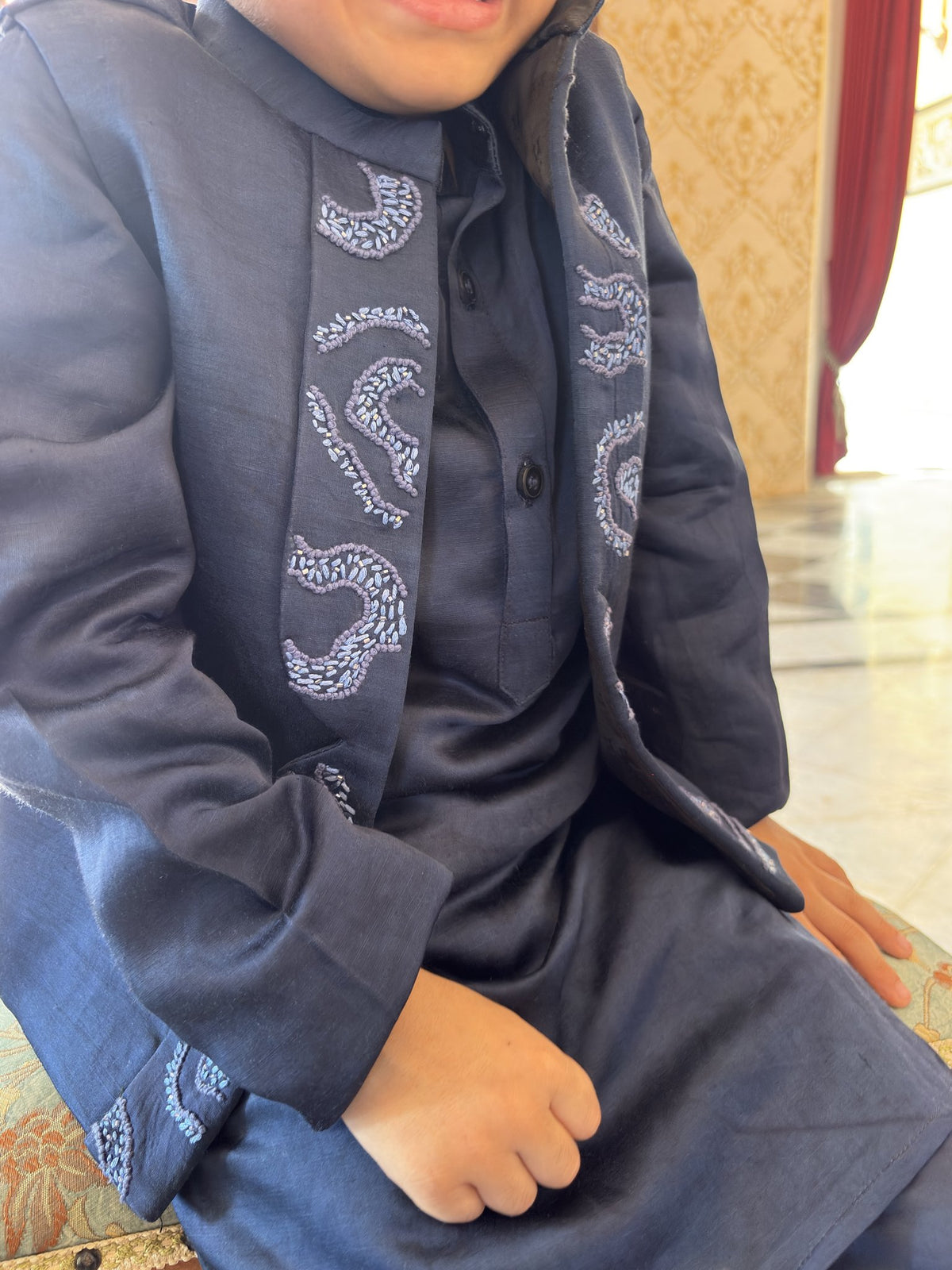 FunnyBones Atrang Amoort Koti Kurta Pajama Set – navy koti kurta pajama set with white embroidered panels, view 6