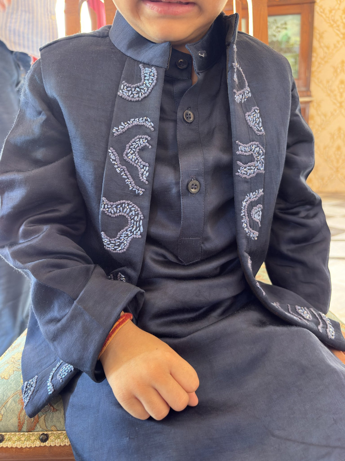 FunnyBones Atrang Amoort Koti Kurta Pajama Set – navy koti kurta pajama set with white embroidered panels, view 7