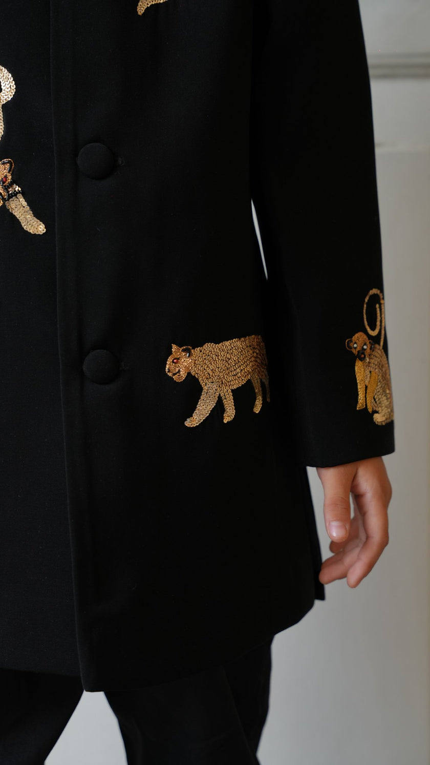 FunnyBones Black Achkan with Beaded Wildlife – black achkan with hand-beaded big cats, view 4