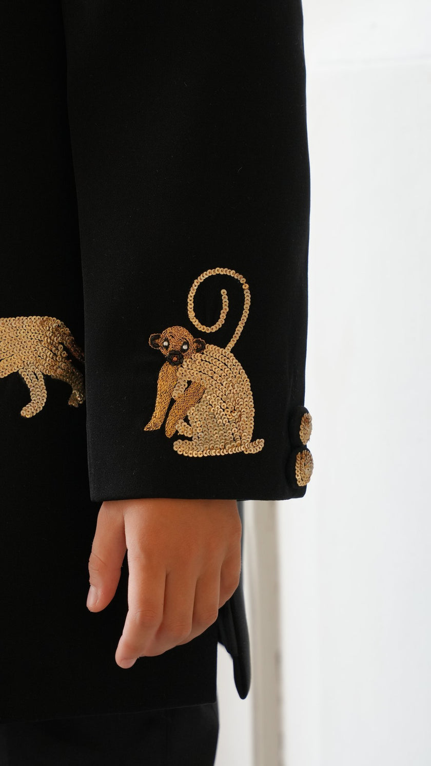 FunnyBones Black Achkan with Beaded Wildlife – black achkan with hand-beaded big cats, view 5