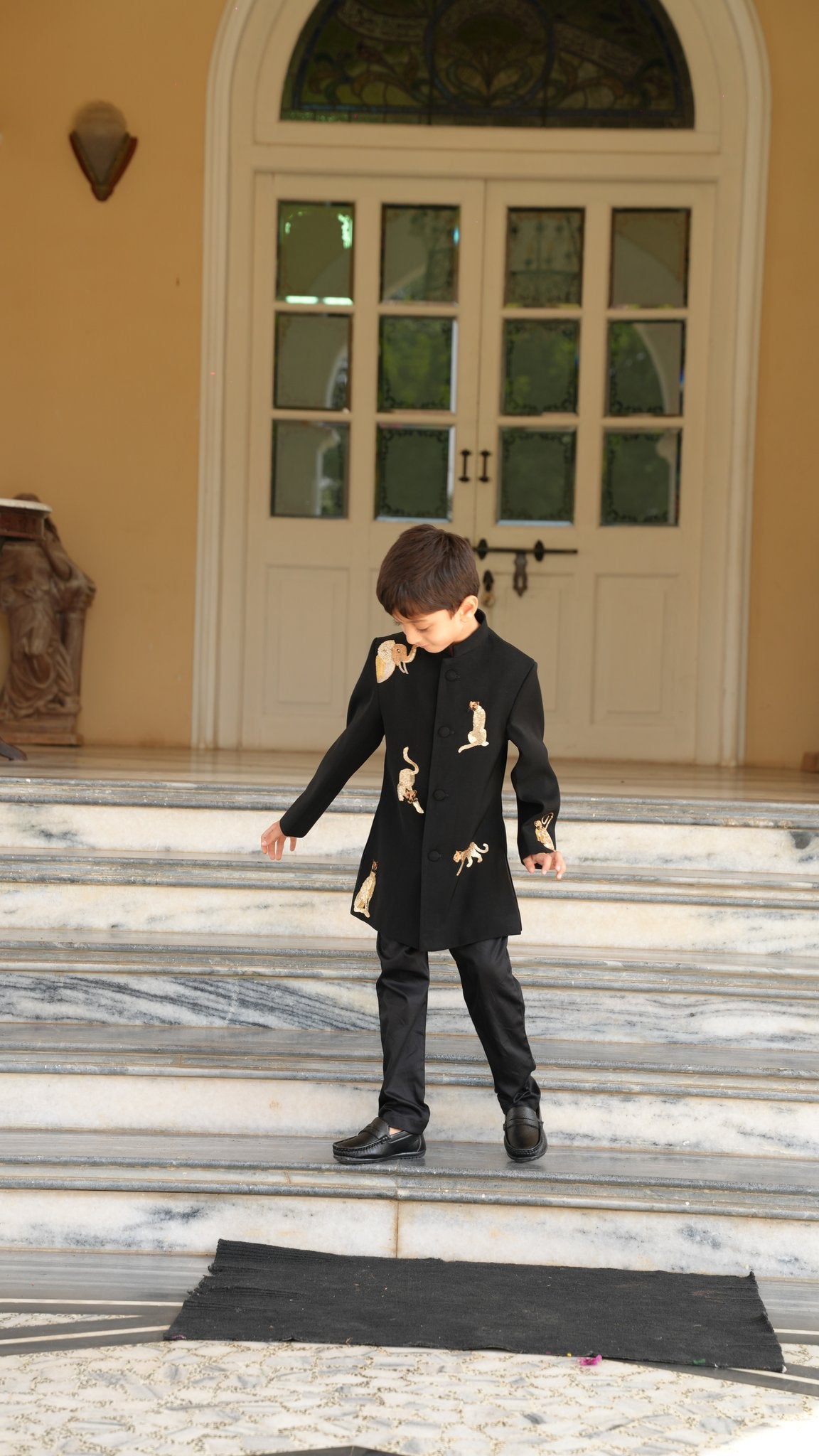 FunnyBones Black Achkan with Beaded Wildlife – black achkan with hand-beaded big cats, view 9