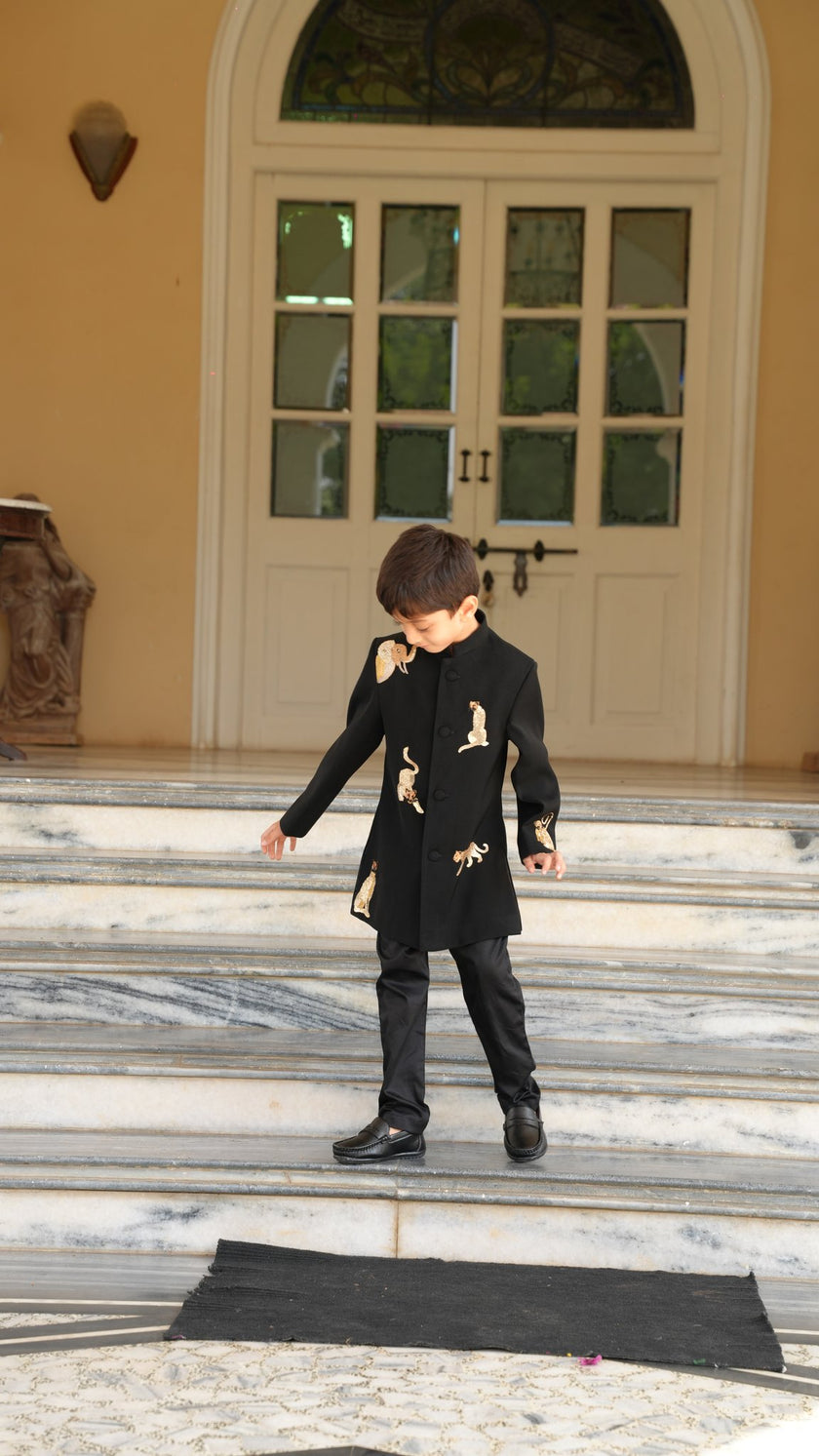 FunnyBones Black Achkan with Beaded Wildlife – black achkan with hand-beaded big cats, view 9