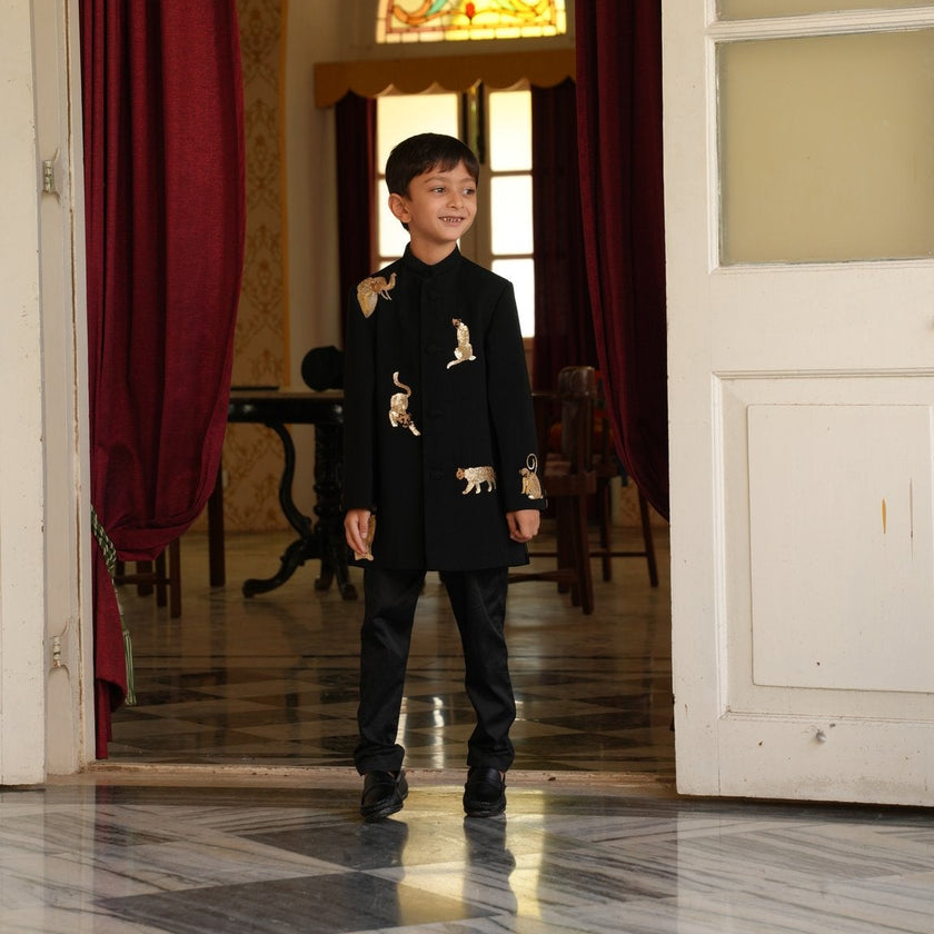 FunnyBones Black Achkan with Beaded Wildlife – black achkan with hand-beaded big cats, view 11