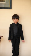 Boy wearing FunnyBones Black Blazer with Sequin Shawl Lapel – black tuxedo blazer for kids weddings