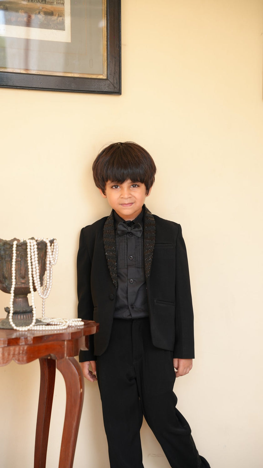 FunnyBones Black Blazer with Sequin Shawl Lapel – boys black tuxedo, front view