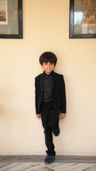 FunnyBones Black Blazer with Sequin Shawl Lapel – boys black tuxedo, full-length pose