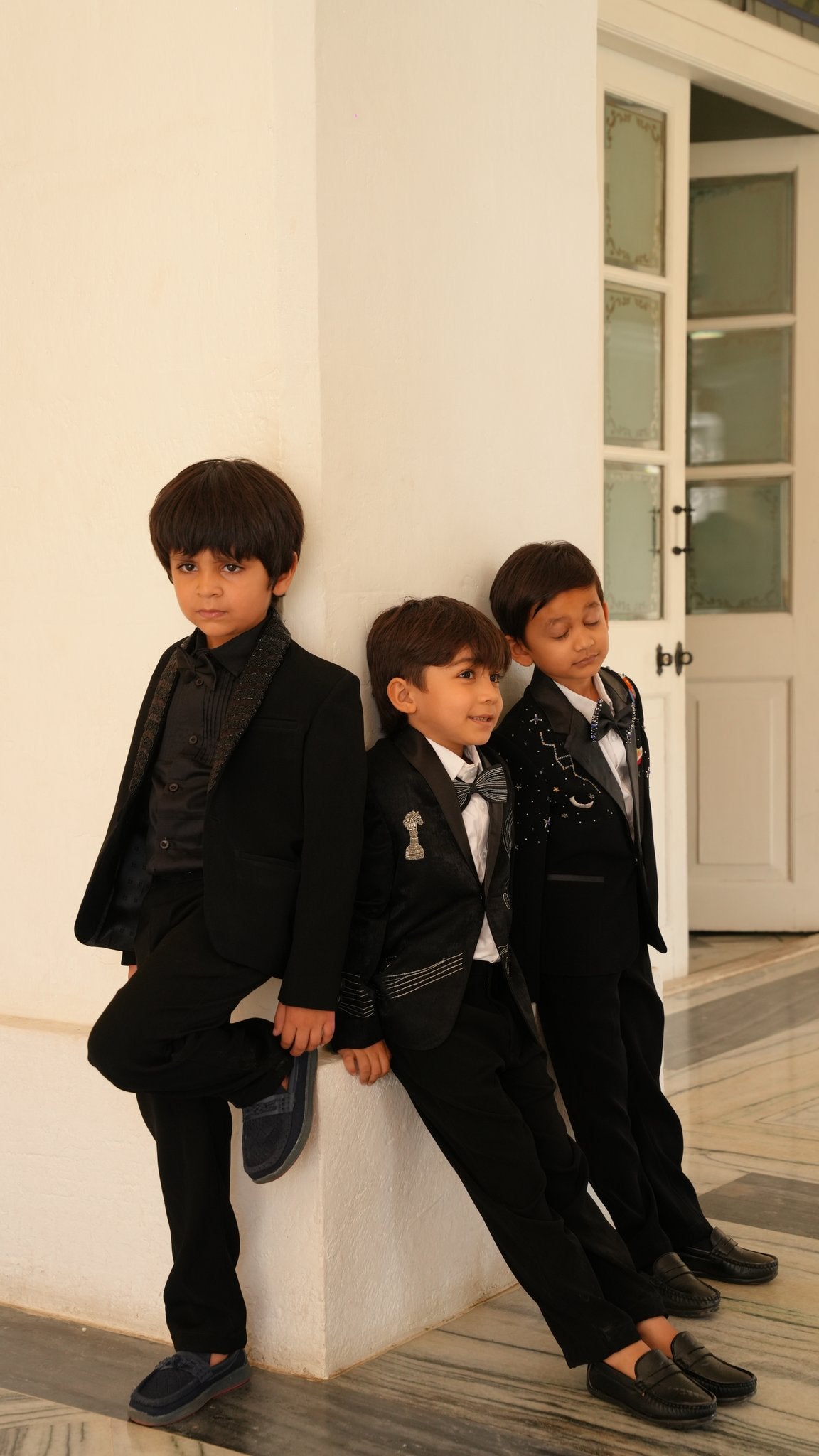 FunnyBones Black Blazer with Sequin Shawl Lapel – boys in matching black tuxedos