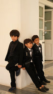 FunnyBones Black Blazer with Sequin Shawl Lapel – boys in matching black tuxedos