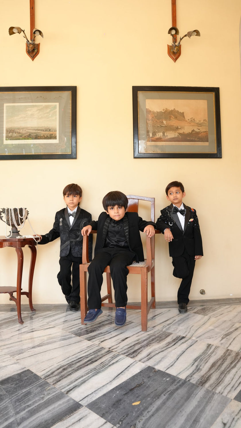 FunnyBones Black Blazer with Sequin Shawl Lapel – group look, kids wedding wear