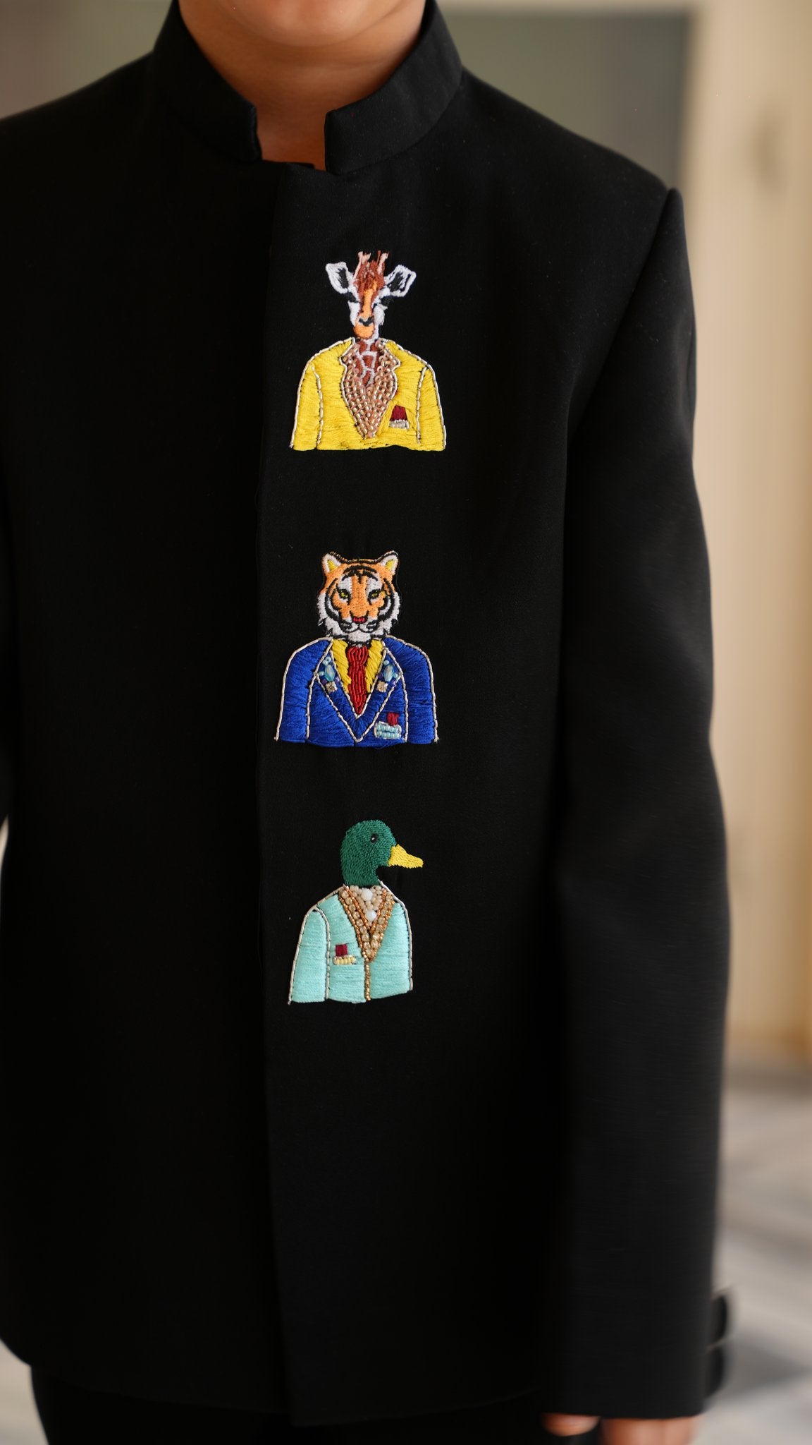 FunnyBones Black Jodhpuri with Animal Portraits – black jodhpuri with embroidered animal portrait patches, view 6