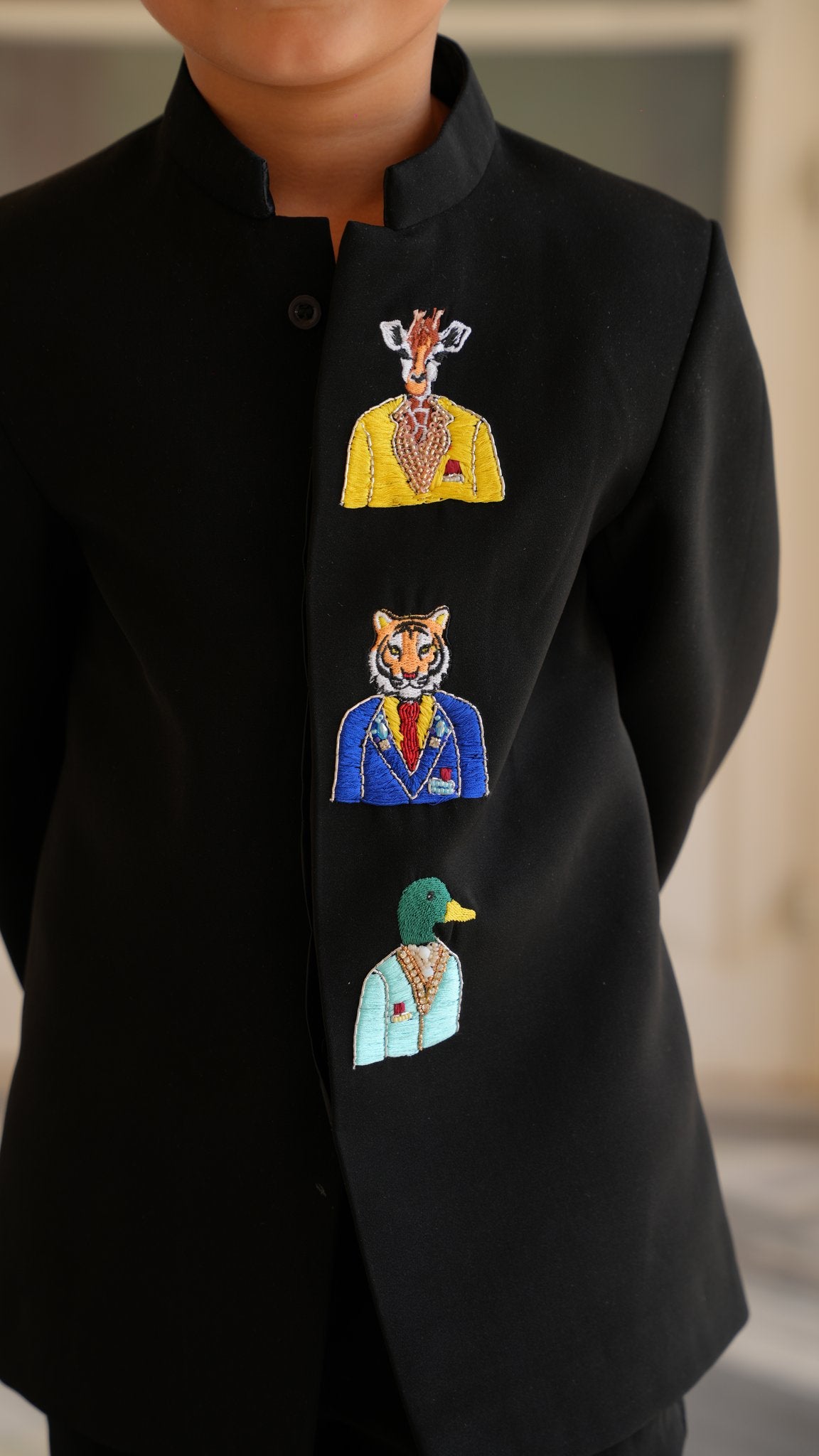 FunnyBones Black Jodhpuri with Animal Portraits – black jodhpuri with embroidered animal portrait patches, view 7