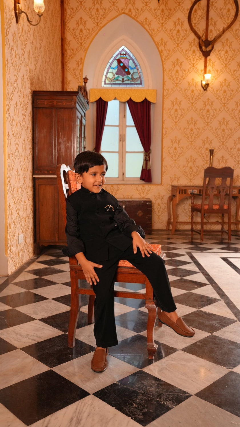 FunnyBones Black Nehru Jacket with Bow & Arrow – black bandhgala with gold bow and arrow embroidery, view 5
