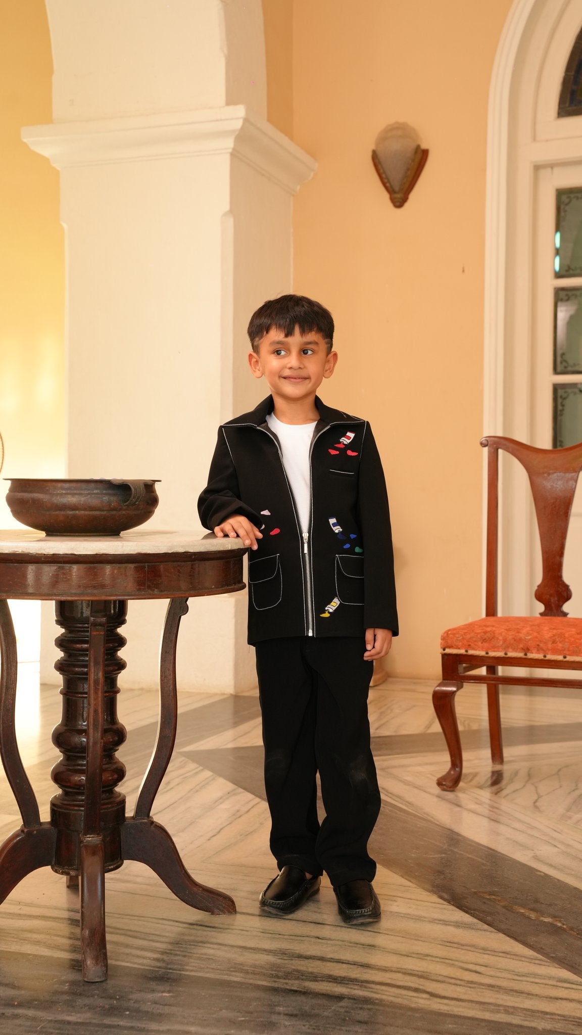 FunnyBones Black Paint-Splash Jacket – black zip jacket with paint-splash embroidery, view 2
