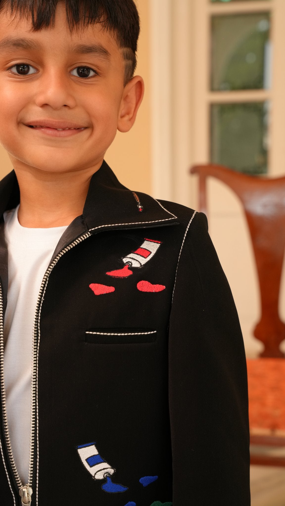 FunnyBones Black Paint-Splash Jacket – black zip jacket with paint-splash embroidery, view 3