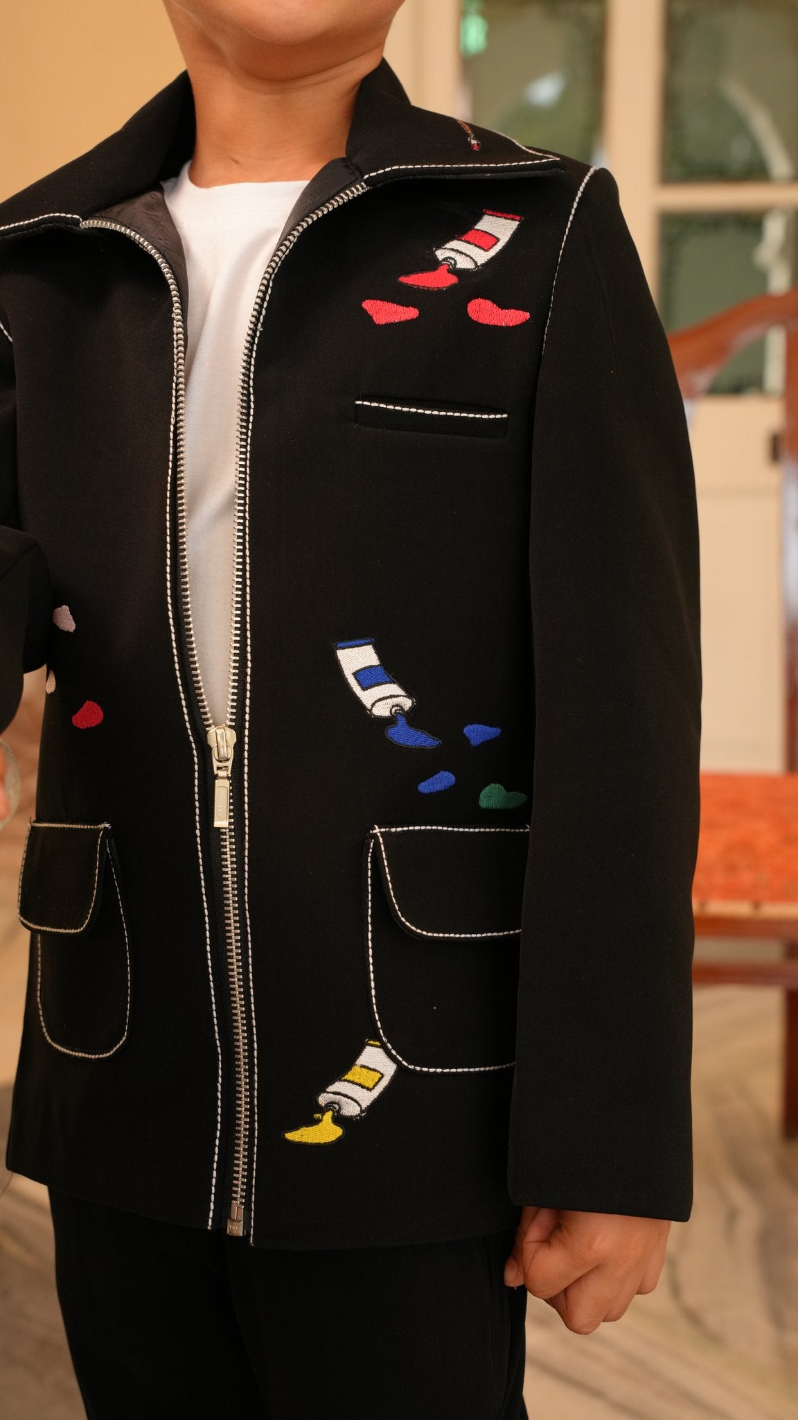 FunnyBones Black Paint-Splash Jacket – black zip jacket with paint-splash embroidery, view 4