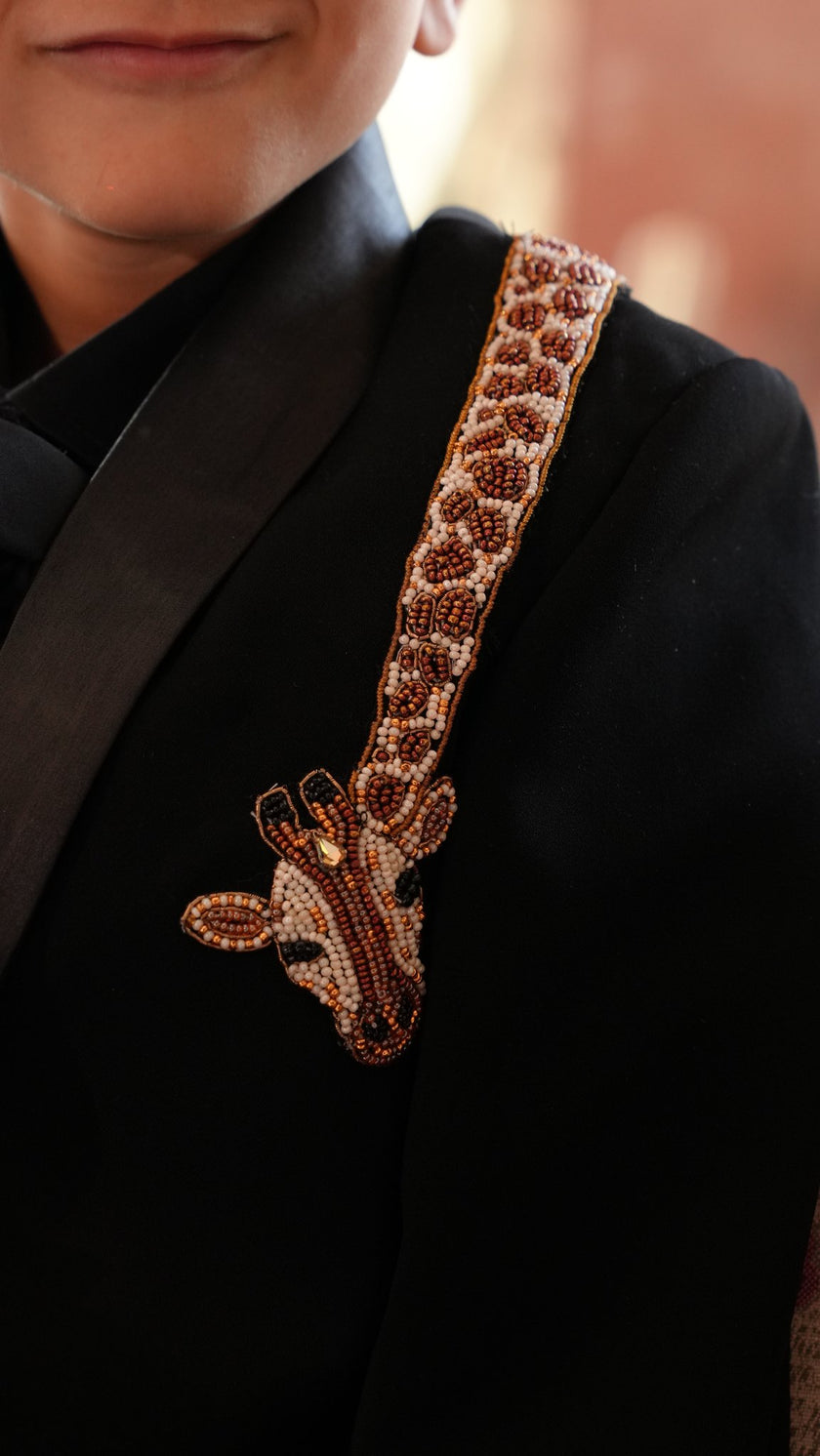 FunnyBones Black Tuxedo with Beaded Giraffe – hand-beaded giraffe detail