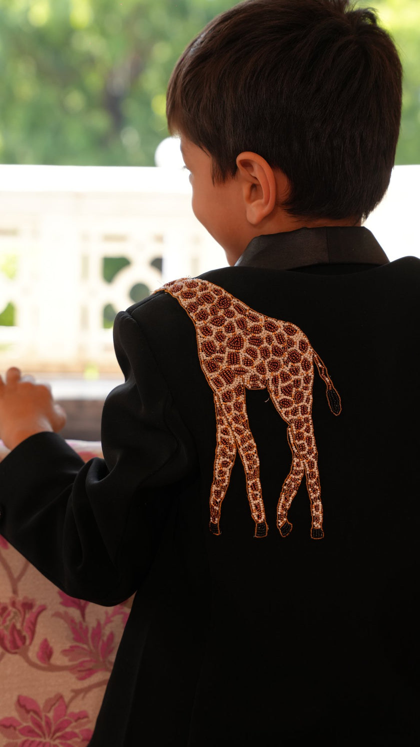 FunnyBones Black Tuxedo with Beaded Giraffe – back detail of hand-beaded giraffe