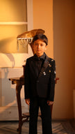 Boy wearing FunnyBones Black Tuxedo Set with Butterfly Bee Handworked – black tuxedo for kids weddings