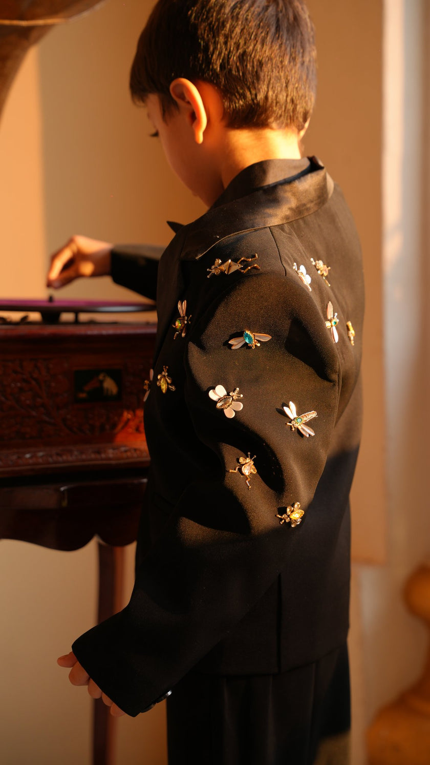 FunnyBones Black Tuxedo with Butterfly Bee – handworked bee and butterfly detail