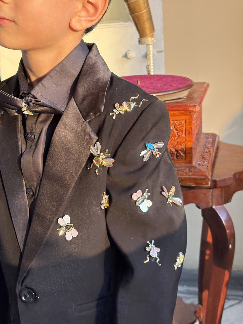 FunnyBones Black Tuxedo with Butterfly Bee – close-up of bee motifs on the lapel
