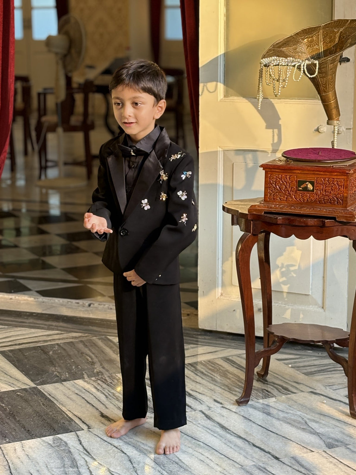 FunnyBones Black Tuxedo with Butterfly Bee – full-length front view