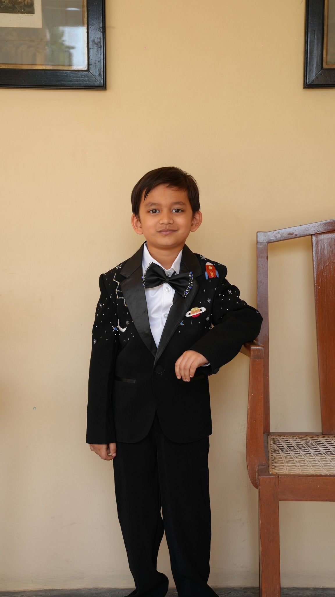 FunnyBones Black Tuxedo with Galaxy Embroidery – full-length front view