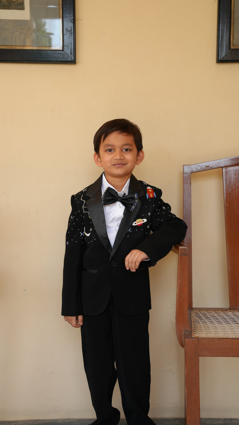 FunnyBones Black Tuxedo with Galaxy Embroidery – full-length front view