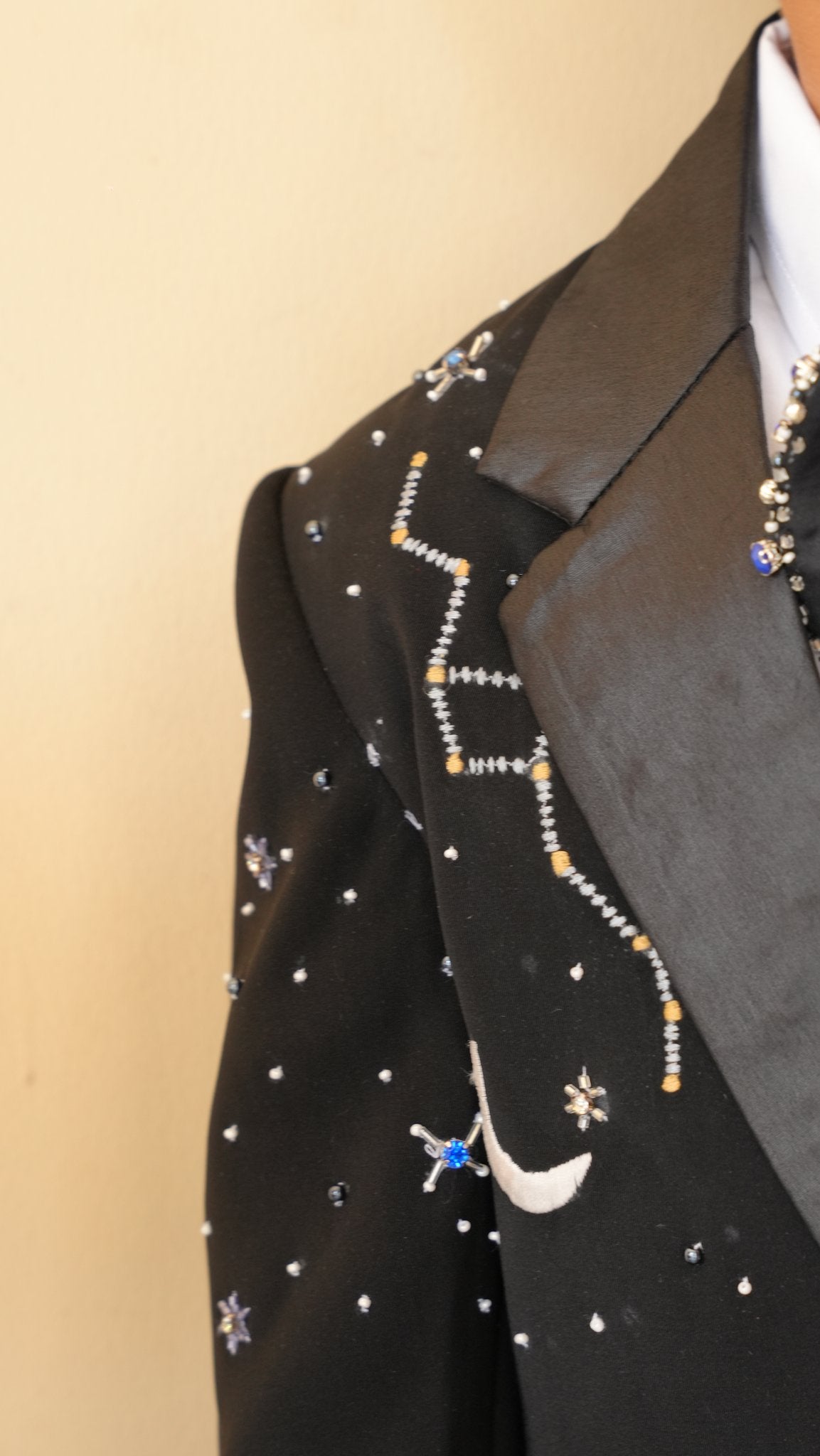 FunnyBones Black Tuxedo with Galaxy Embroidery – bead and thread stars on the lapel