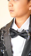 FunnyBones Black Tuxedo with Galaxy Embroidery – bow tie and grey satin lapel detail