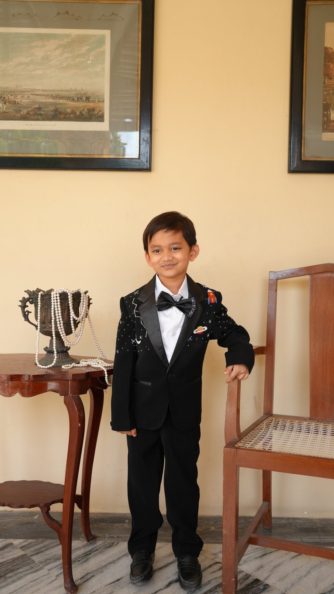 FunnyBones Black Tuxedo with Galaxy Embroidery – full-length smiling pose