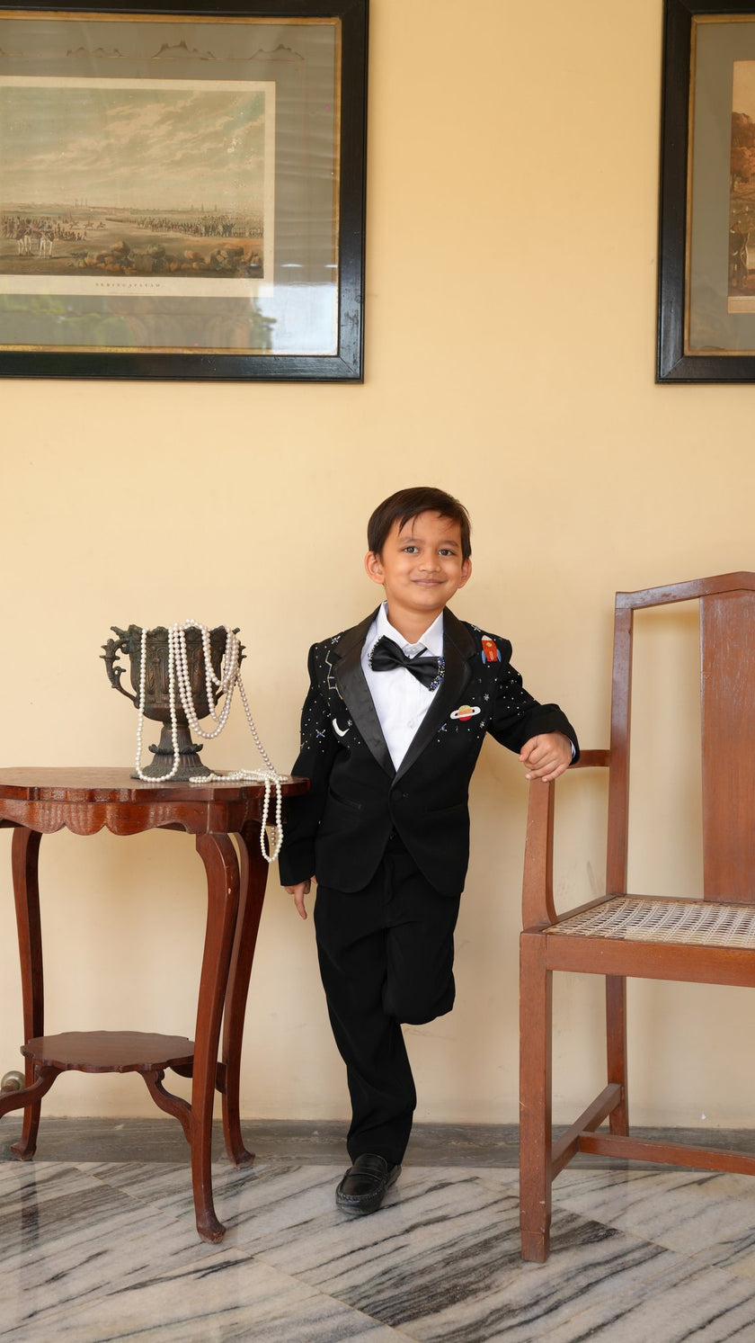 FunnyBones Black Tuxedo with Galaxy Embroidery – relaxed standing look