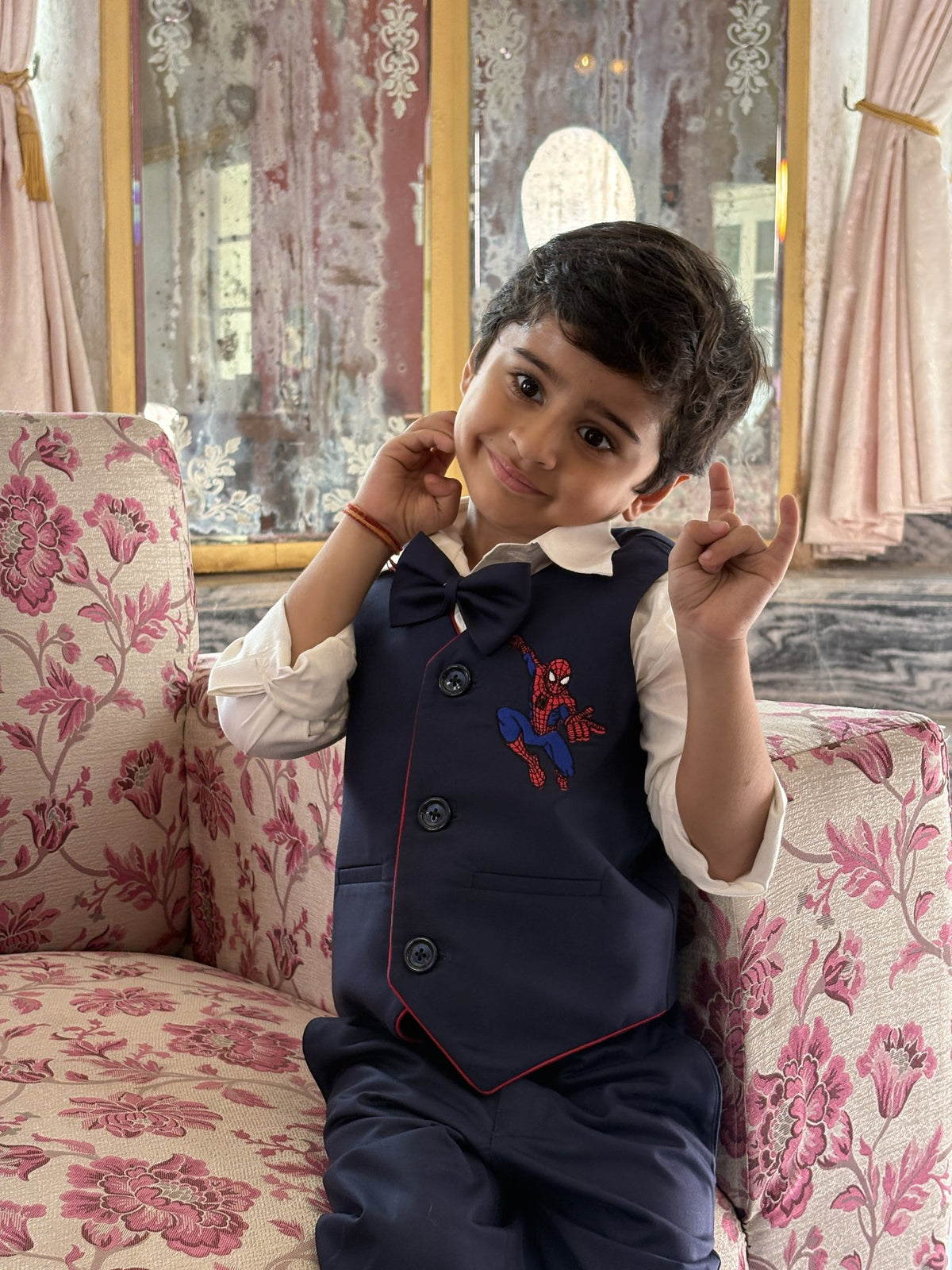 FunnyBones Blue Waistcoat with Superhero Patch – navy waistcoat with superhero patch, shirt and bow tie, view 2