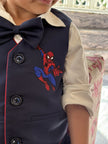 FunnyBones Blue Waistcoat with Superhero Patch – navy waistcoat with superhero patch, shirt and bow tie, view 3