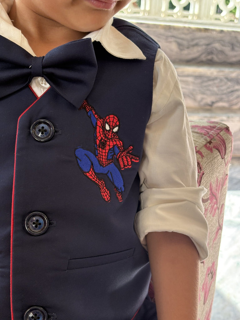 FunnyBones Blue Waistcoat with Superhero Patch – navy waistcoat with superhero patch, shirt and bow tie, view 3