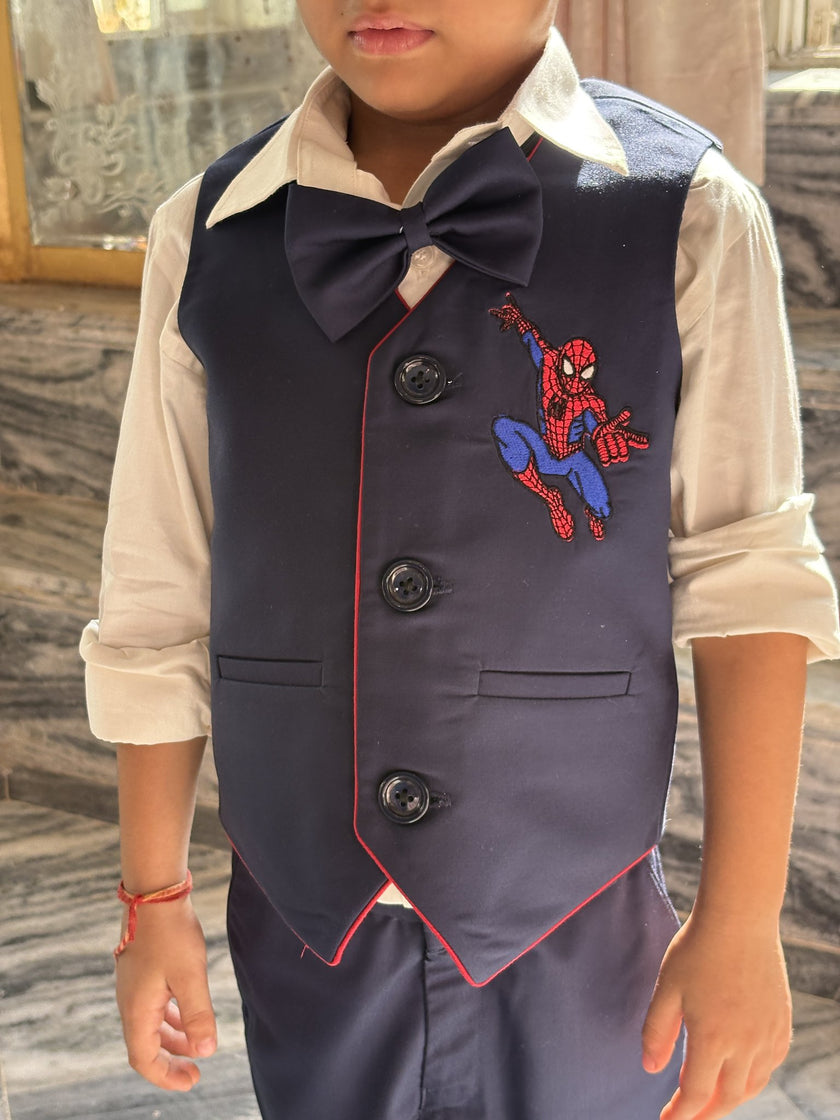 FunnyBones Blue Waistcoat with Superhero Patch – navy waistcoat with superhero patch, shirt and bow tie, view 4