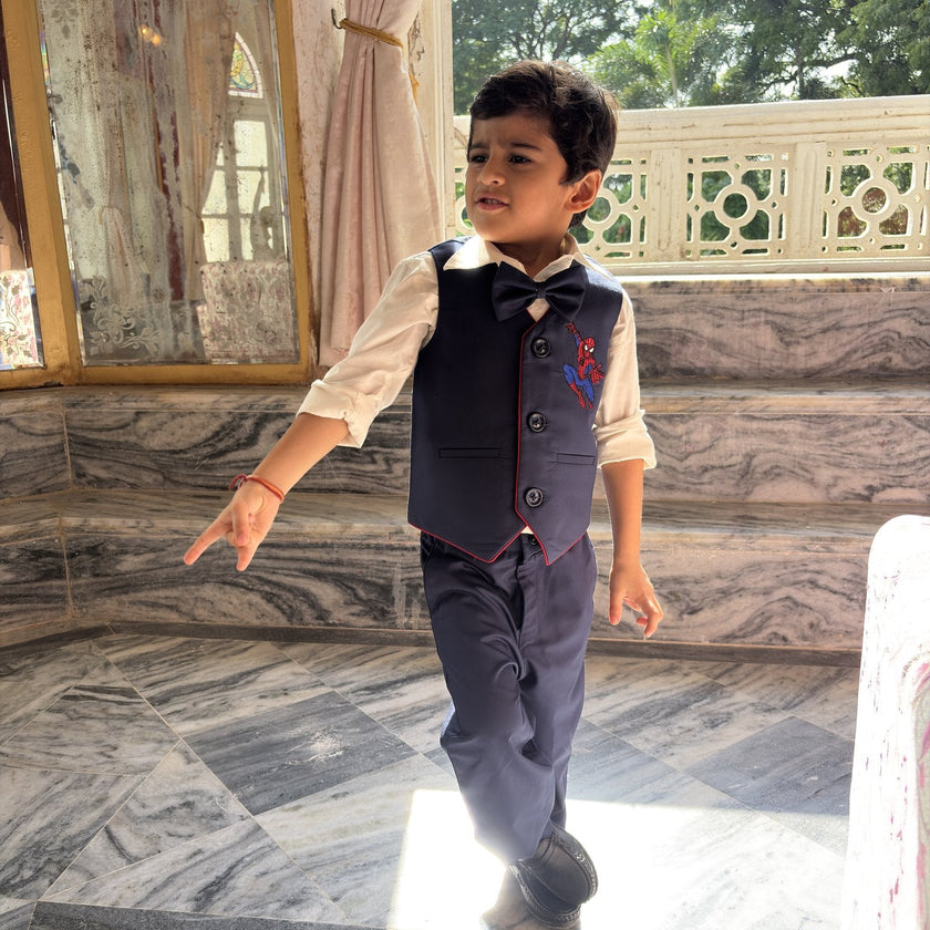 FunnyBones Blue Waistcoat with Superhero Patch – navy waistcoat with superhero patch, shirt and bow tie, view 5