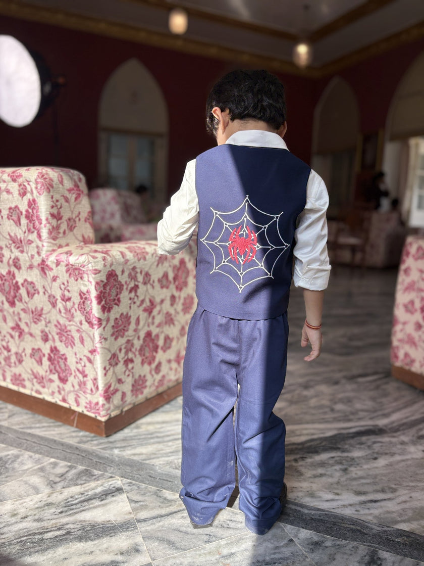 FunnyBones Blue Waistcoat with Superhero Patch – navy waistcoat with superhero patch, shirt and bow tie, view 6