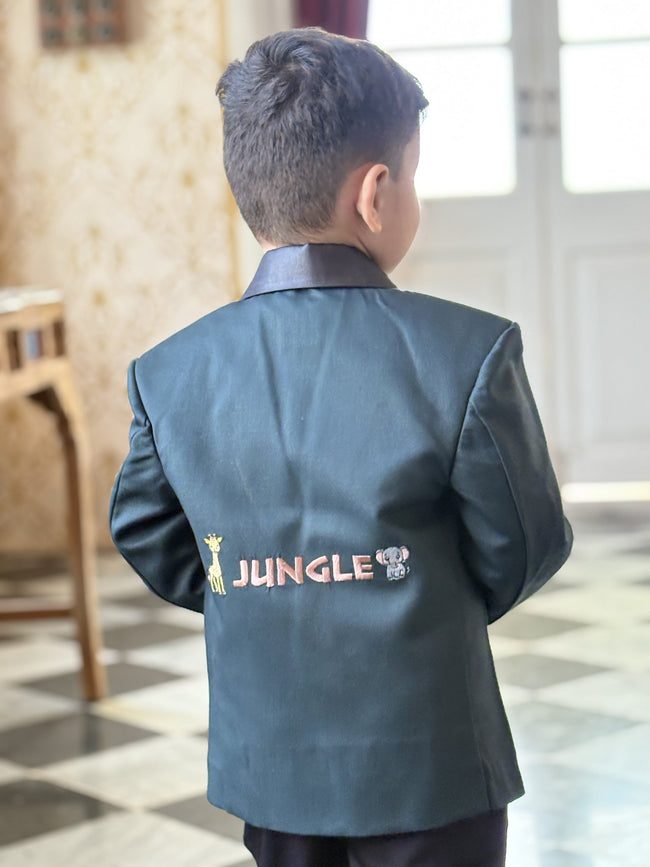 FunnyBones Bottle Green Blazer with Animal Patches – bottle green blazer with embroidered animal patches and bow tie, view 2