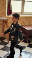 FunnyBones Bottle Green Blazer with Animal Patches – bottle green blazer with embroidered animal patches and bow tie, view 3