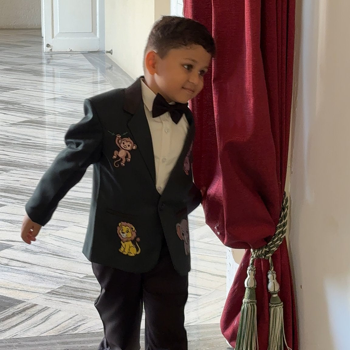 FunnyBones Bottle Green Blazer with Animal Patches – bottle green blazer with embroidered animal patches and bow tie, view 4