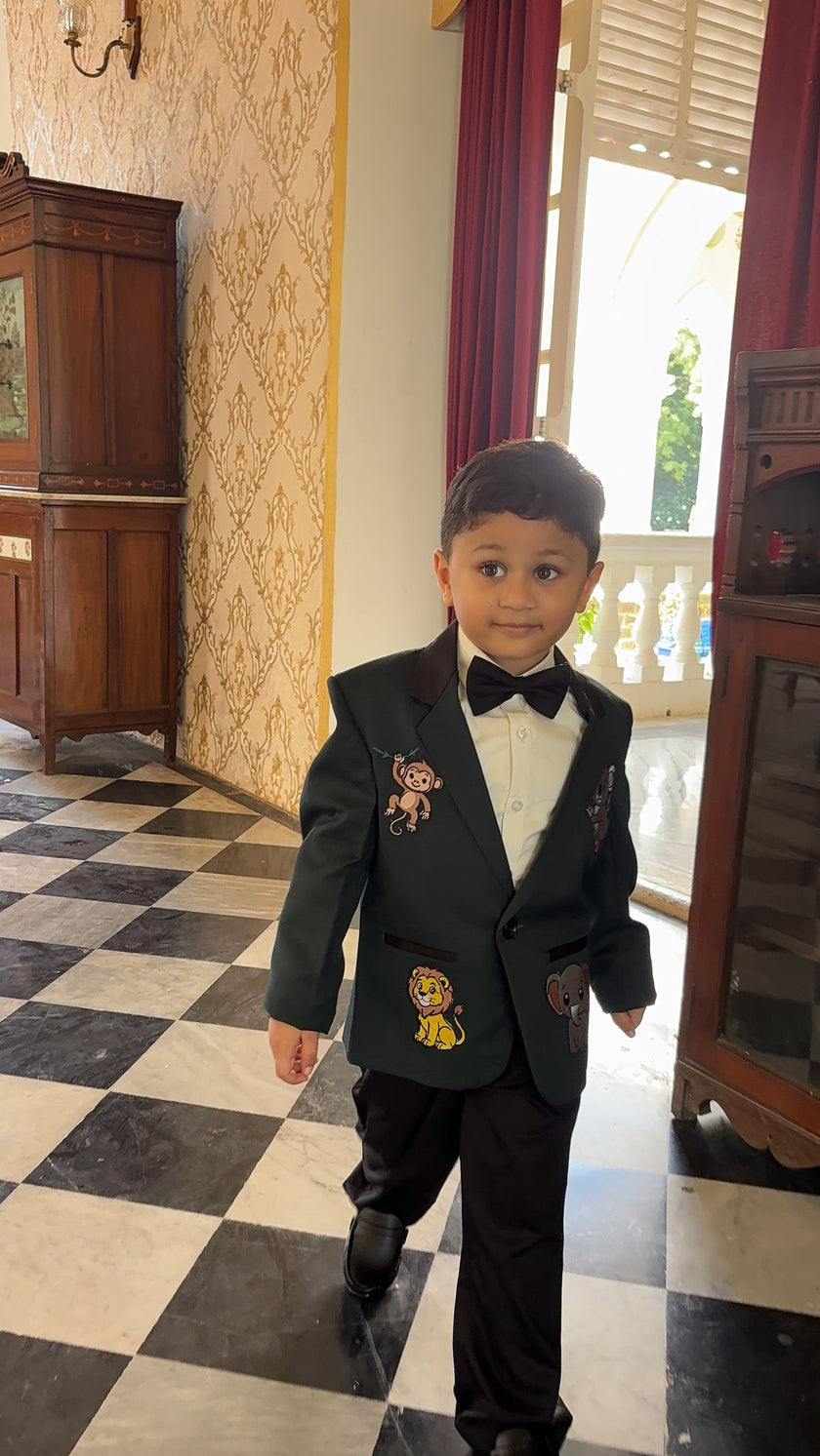 FunnyBones Bottle Green Blazer with Animal Patches – bottle green blazer with embroidered animal patches and bow tie, view 5