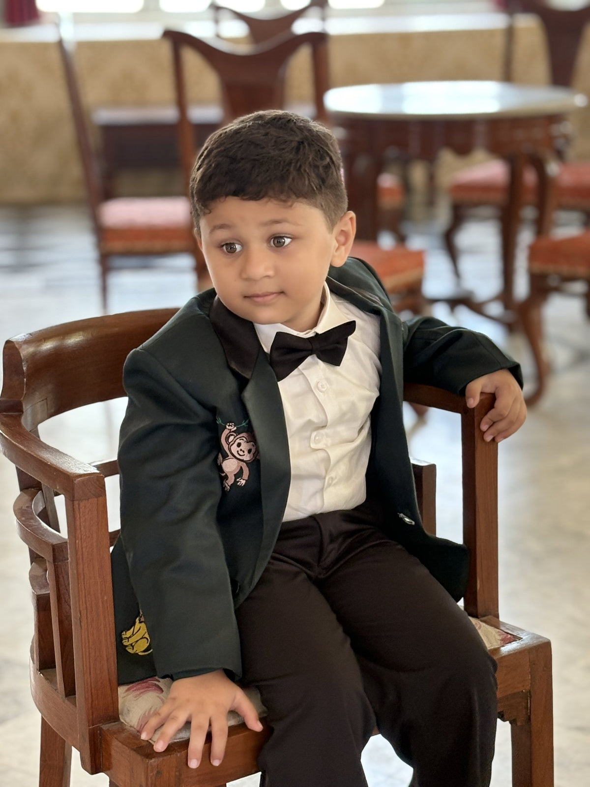 FunnyBones Bottle Green Blazer with Animal Patches – bottle green blazer with embroidered animal patches and bow tie, view 7