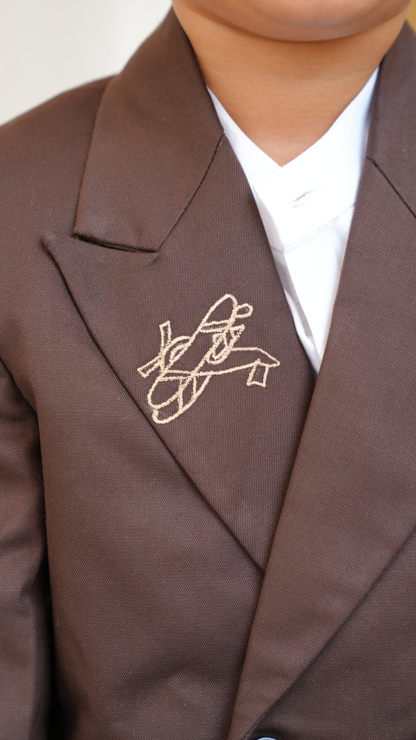 FunnyBones Brown Double-Breasted Blazer with Voyage Embroidery – brown double-breasted blazer with hot-air balloon and ship embroidery, view 3