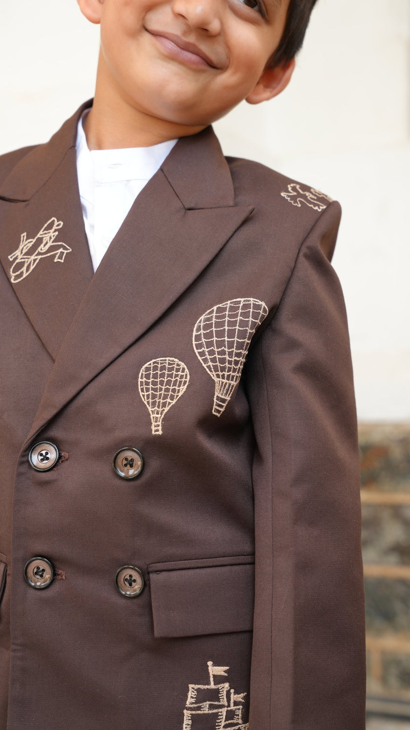 FunnyBones Brown Double-Breasted Blazer with Voyage Embroidery – brown double-breasted blazer with hot-air balloon and ship embroidery, view 4