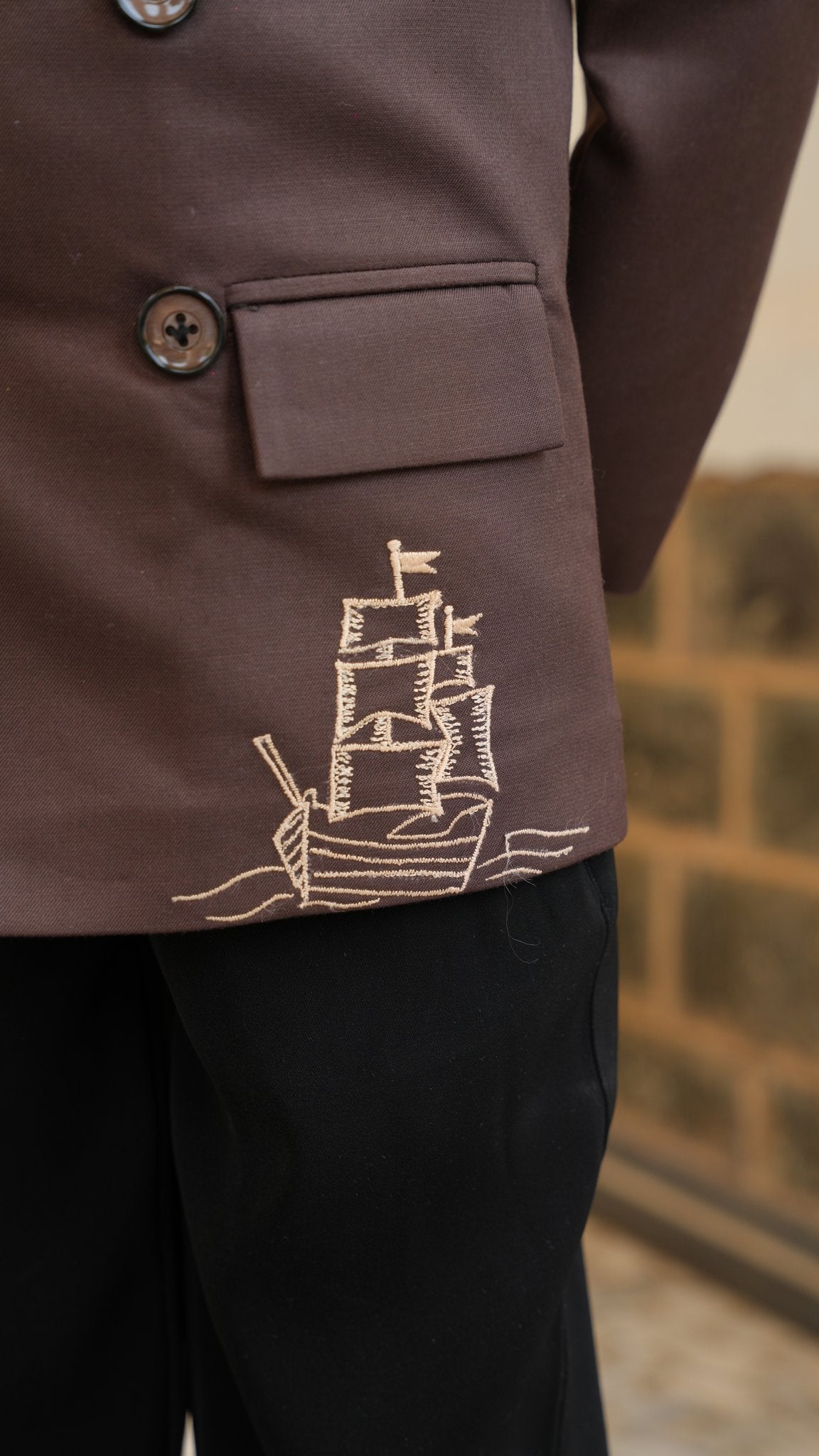 FunnyBones Brown Double-Breasted Blazer with Voyage Embroidery – brown double-breasted blazer with hot-air balloon and ship embroidery, view 5