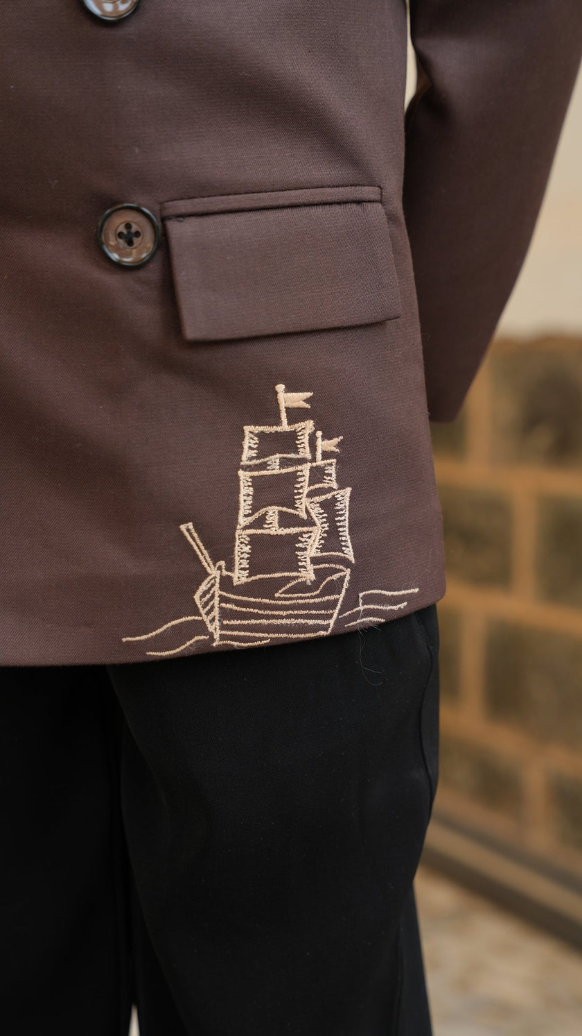 FunnyBones Brown Double-Breasted Blazer with Voyage Embroidery – brown double-breasted blazer with hot-air balloon and ship embroidery, view 5