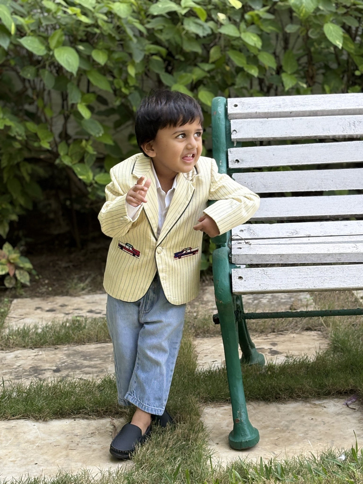 Boy wearing FunnyBones Butter Pinstripe Blazer with Car Patches – butter yellow pinstripe blazer with car patches