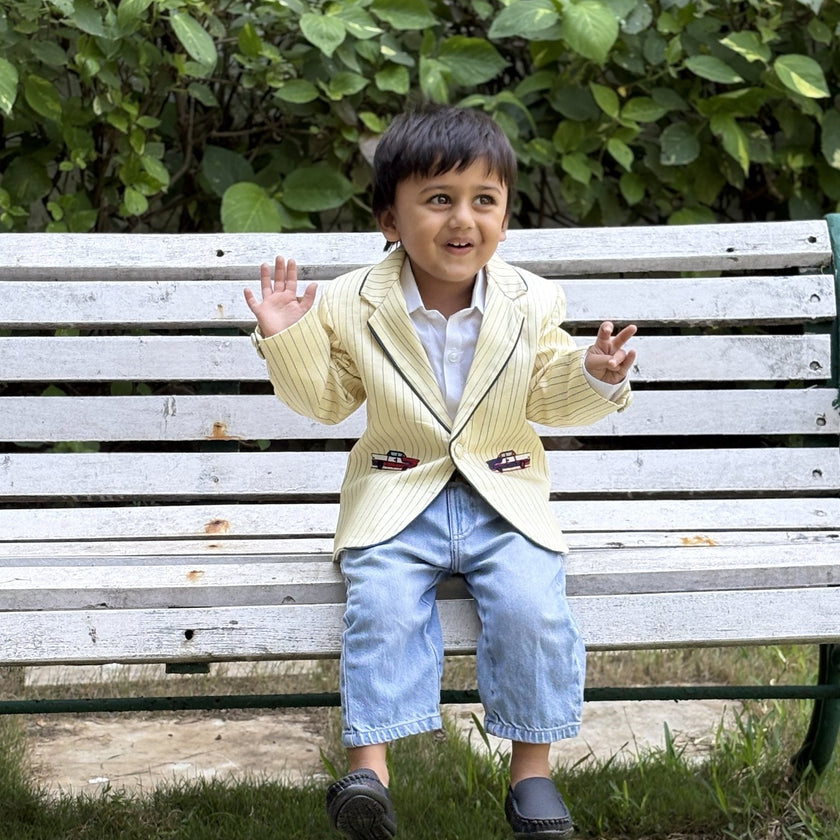 FunnyBones Butter Pinstripe Blazer with Car Patches – butter yellow pinstripe blazer with car patches, view 2
